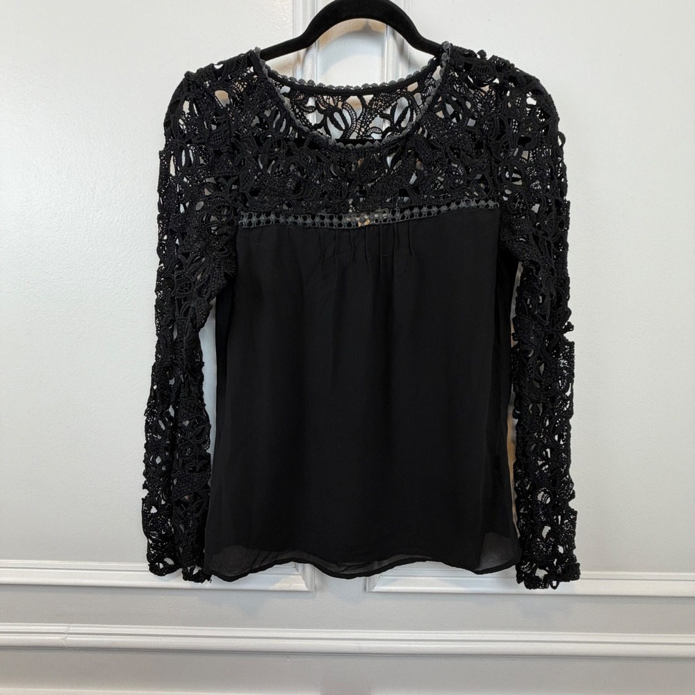 Double Zero Black Crochet Lace Chiffon Long‎ Sleeve Blouse Small Boho Romantic